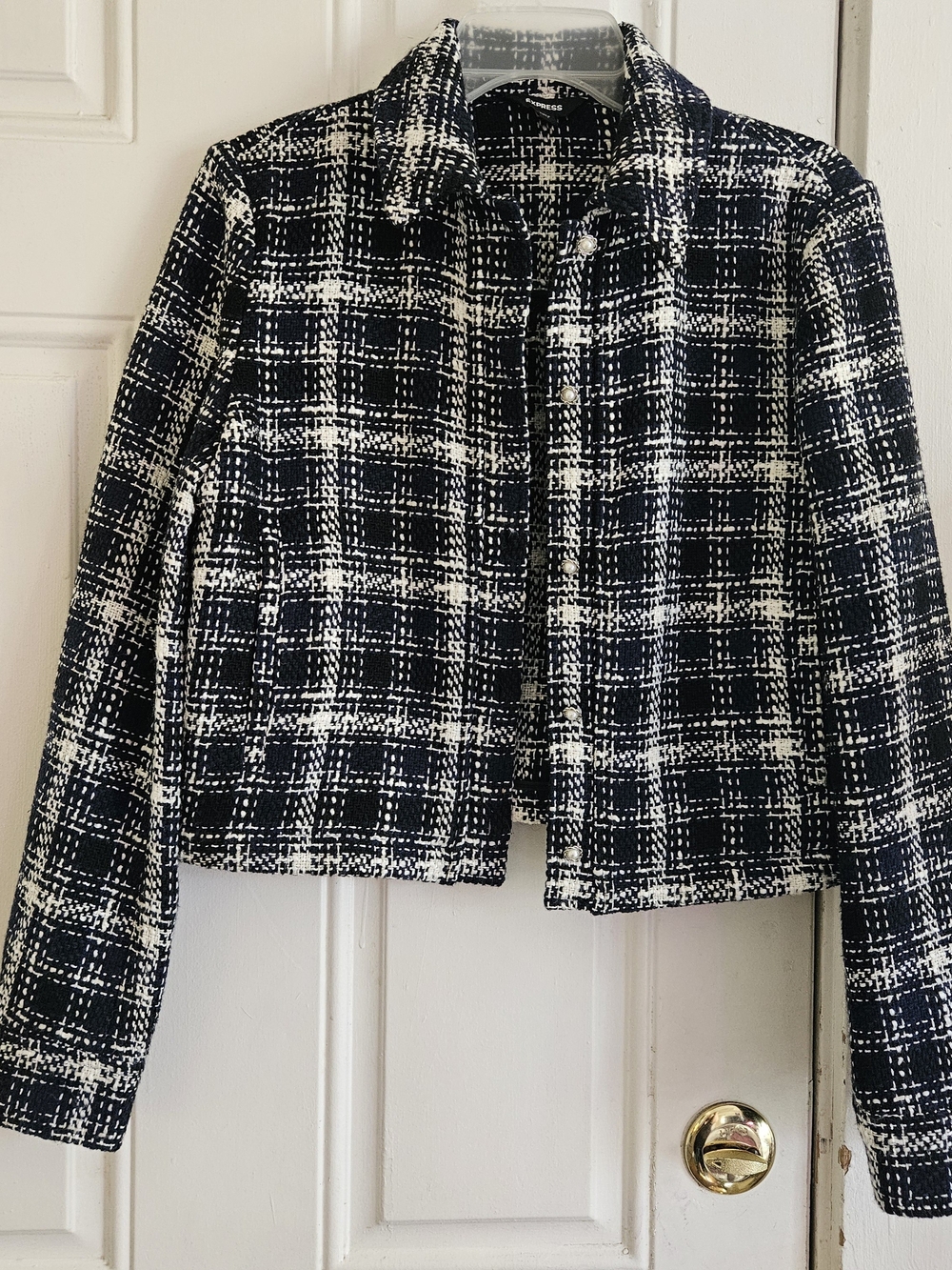 Express Black and White Plaid Cropped Blazer